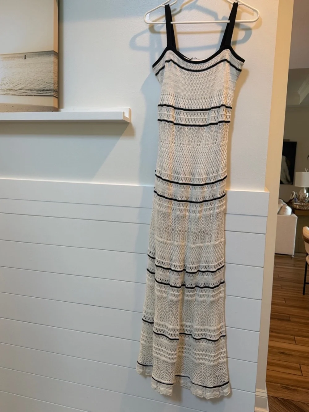 Abercrombie & Fitch Cream Maxi Crochet Dress with Black Stripes - Picture 1 of 4